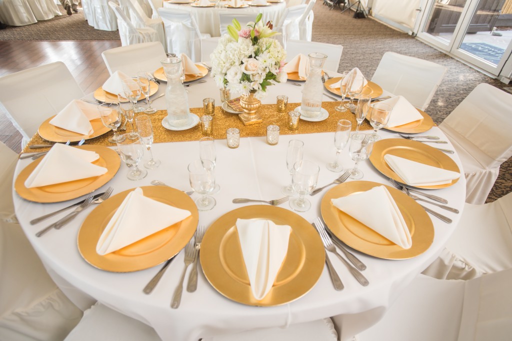 gold and white table linens