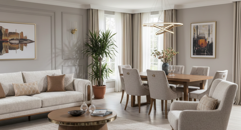 Modern Bellona tarzı yatak odası ve oturma grubu içeren 2026 düğün paketi konsepti